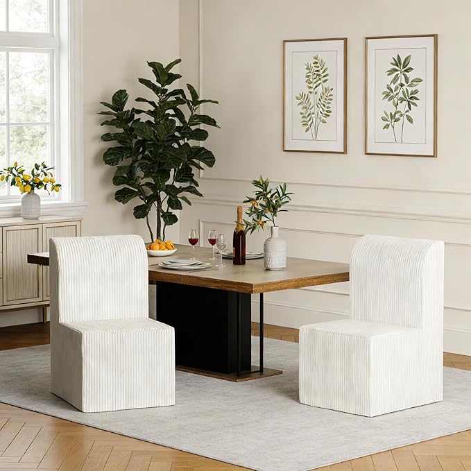 Set of 2 Corduroy Upholstered Armless Dining Chair, Modern Comfortable Dining Room Chair Side Leisure Chairs with Mid Back for Dining Room Kitchen Bedroom Reading Room, No Assemble, Beige
