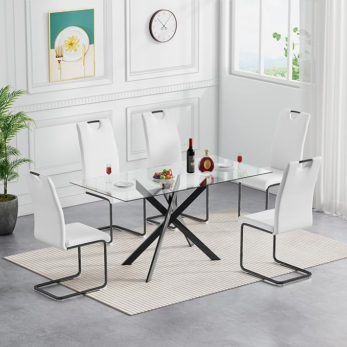 51.2-Inch Glass Dining Table for 4, Rectangular Dining Room Table for 4, X-Shape Black Metal Legs, Kitchen Dining Room Living Room Glass Kitchen Table for 2