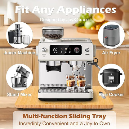 oy&Grace Appliance Slider for Kitchen Appliances 360° Rolling Sliding Tray for Coffee Maker Countertop, Bamboo Coffee Pot Slider Rolling Tray with Universal Rollers (Natural, Medium 14.5" x 10")