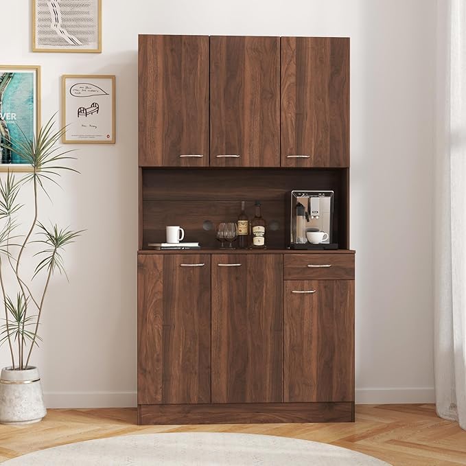 71" Kitchen Pantry Cabinets with Microwave Stand, 6 Doors & 3 Adjustable Shelves, Freestanding China Cabinet Hutch, Buffet Cabinet with Storage, WalnutV2