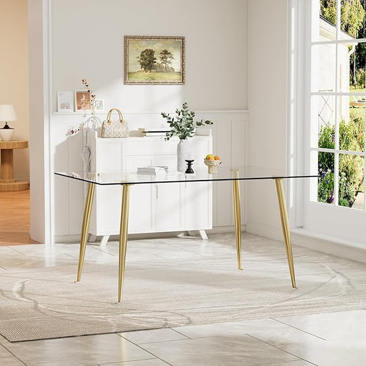 Glass Dining Table for 4 with 51 inch Clear Tempered Glass Top, 0.31" Modern Rectangular Glass Kitchen Table Furniture with 4 Golden Plating Metal Legs for Home Kitchen Room