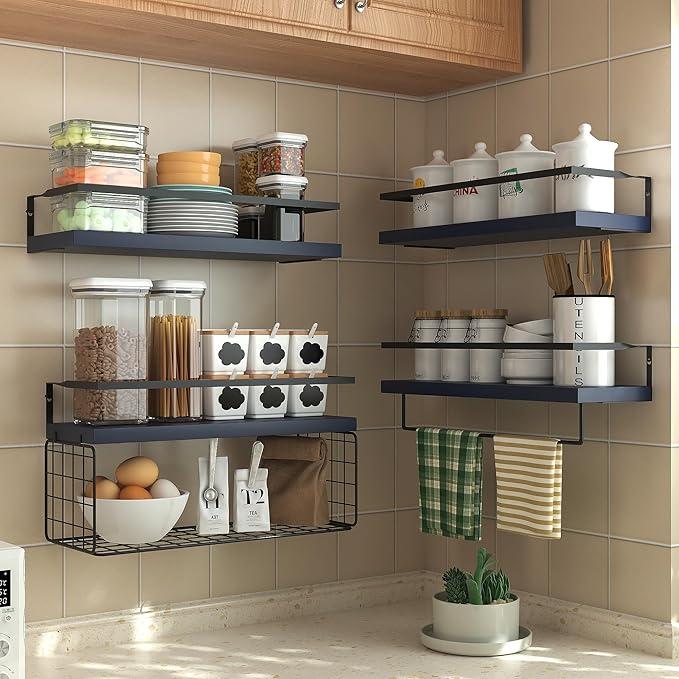 Wood Floating Shelves Wall Mounted - 4+1 Tier Rustic Bathroom Wall Shelves Over Toilet with Wire Storage Basket and Towel Bar, set of 4 Farmhouse Floating Shelf for Bathroom, Kitchen,Navy Blue.