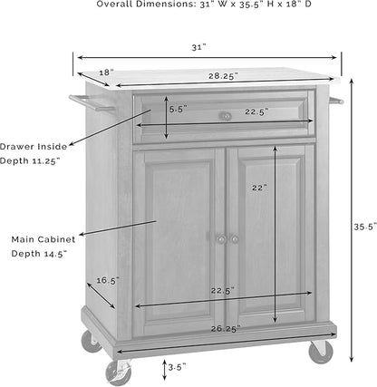 Crosley Furniture Compact Stone Top Small Rolling Cart with Shelves, Microwave Stand with Towel Rack, White
