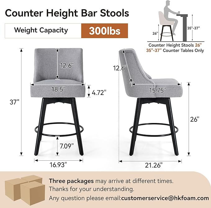 Counter Height Bar Stools Set of 6, Swivel Barstools with Backs and Wood Legs, Linen Fabric Upholstered Counter Stools for Kitchend Island, Mid-Century Modern 26" Seat Height Bar Chairs, Grey