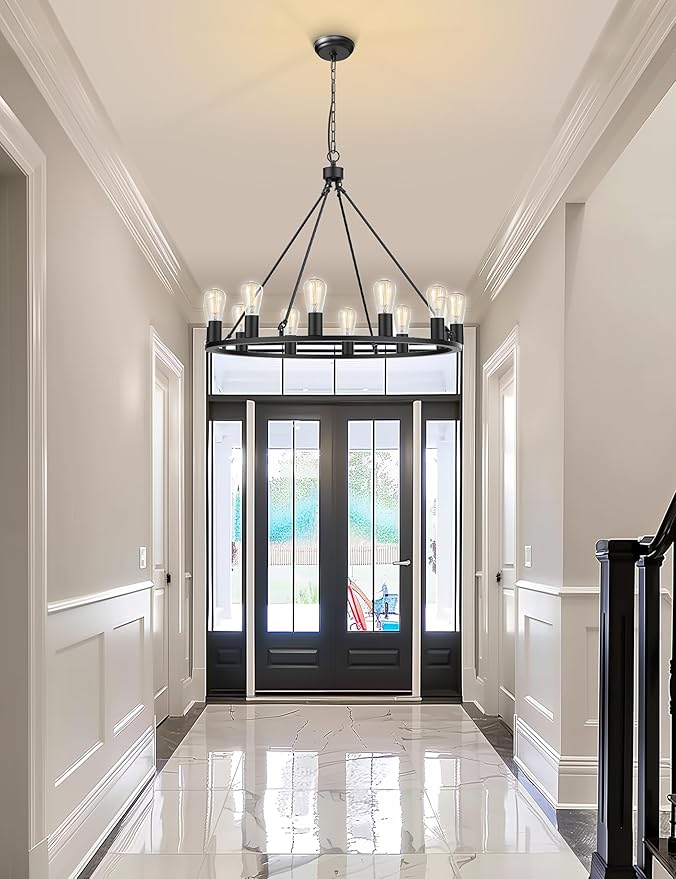 L LOHAS LED Black Farmhouse Chandeliers for Dining Room, 12-Light Wagon Wheel Chandelier Over Table, Height Adjustable, 32" Dining Room Light Fixture, Modern Chandelier for Kitchen Island Living Room