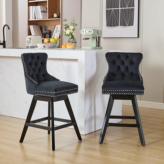 DONICK Velvet Swivel Counter Height Bar Stools,Modern Upholstered Bar Chairs Nailhead Backrest Pull Ring Solid Wood for Bar,Kitchen Island,Pub,Dining Room,Cafe(Black,Set of 4)