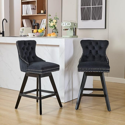 DONICK Velvet Swivel Counter Height Bar Stools,Modern Upholstered Bar Chairs Nailhead Backrest Pull Ring Solid Wood for Bar,Kitchen Island,Pub,Dining Room,Cafe(Black,Set of 4)