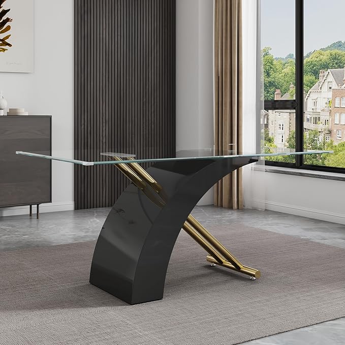 63" Rectangle Glass Dining Table, Black Modern Kitchen Table with Tempered Glass Tabletop and Gold X-Shaped MDF Base, Dining Room Table for 4-6, for Kithchen, Living Room