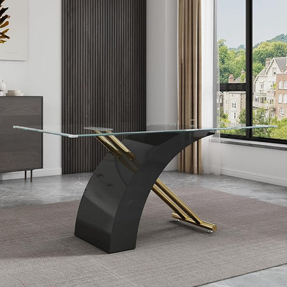 63" Rectangle Glass Dining Table, Black Modern Kitchen Table with Tempered Glass Tabletop and Gold X-Shaped MDF Base, Dining Room Table for 4-6, for Kithchen, Living Room
