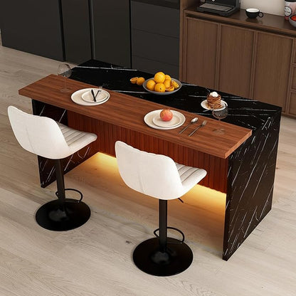 63" Modern Extendable Dining Table, Work Island with Led Lighting, Kitchen Island Table with Stools for Dining Room, Black+Beige
