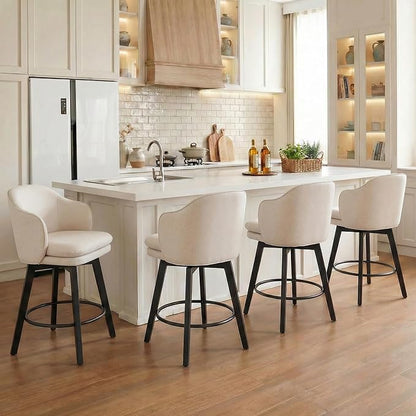 Counter Height Barstools 26 inch Upholstered Swivel Bar Stools with Back and Wood Legs for Kitchen Island,Set of 4,Beige Fabric
