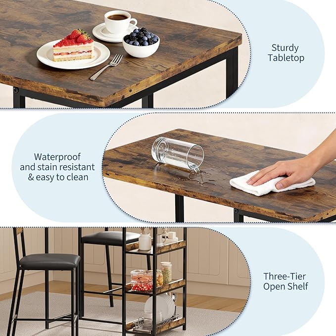 GarveeHome 3-Piece Kitchen Table Set with Storage Shelves & 2 Upholstered Chairs - Iron and Wood Dining Table for Small Spaces, Apartments, Condos, Rustic Brown