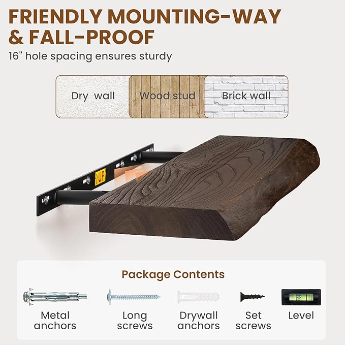 55 Inch Long Floating Shelves for Wall, Live Edge Floating Shelf Wall-Mounted for Bedroom Kitchen Living Room, Real Solid Elm Wood Wall Shelf with Heavy-Duty Bracket for Books Decor Storage, Walnut