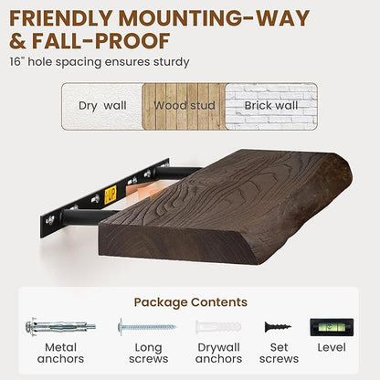 Rustic Elm Wood Floating Shelves 48 Inch, Wall Mounted Live Edge Floating Shelf for Bathroom Living Room Kitchen, Long Wooden Wall Shelves with Heavy-Duty Bracket for Books Decor Storage, Walnut