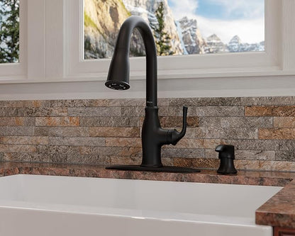 Pfister Rosslyn Kitchen Faucet with Pull Down Sprayer and Soap Dispenser, Single Handle, High Arc, NSF Certified, Matte Black Finish, F5297RSSRB