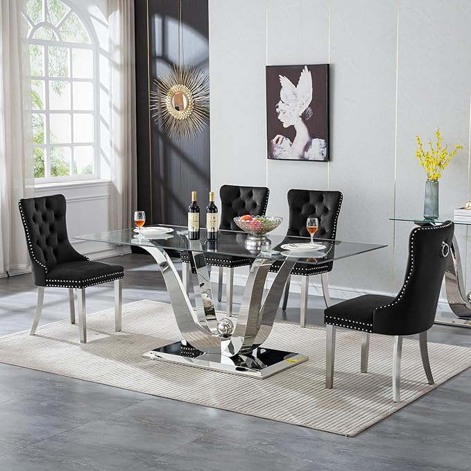 70" Glass Dining Table for 6-8, Modern Dining Room Table with 0.39" Tempered Glass Top and Dual U-Shaped Silver Stainless Steel Base, Rectangle Kitchen Dinner Table for Dining Room