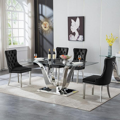 70" Glass Dining Table for 6-8, Modern Dining Room Table with 0.39" Tempered Glass Top and Dual U-Shaped Silver Stainless Steel Base, Rectangle Kitchen Dinner Table for Dining Room