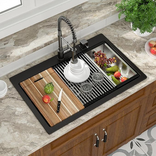 Mocoloo 33 Inch Drop in Workstation Kitchen Sink, 33x22 Matte Black Granite Composite Quartz Single Bowl Topmount Ledge Sink Above Counter