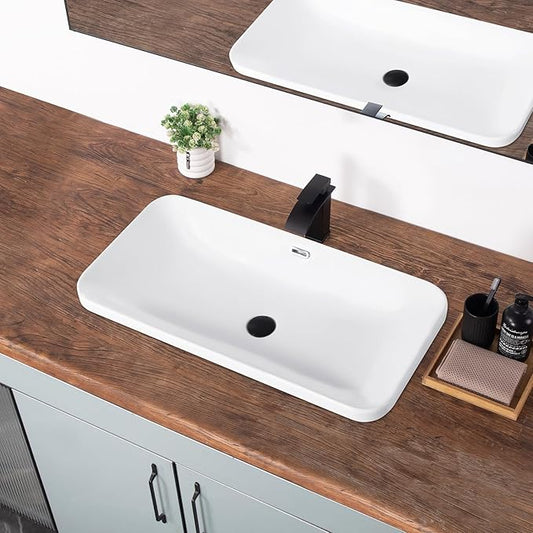 Bathroom Vessel Sink 31.5" X 16.5" Semi Recessed Bathroom Sink Rectangular Drop In Bathroom Sinks with Overflow White Ceramic Vessel Sinks for Bathroom Modern Above Counter Basin Vanity Sink