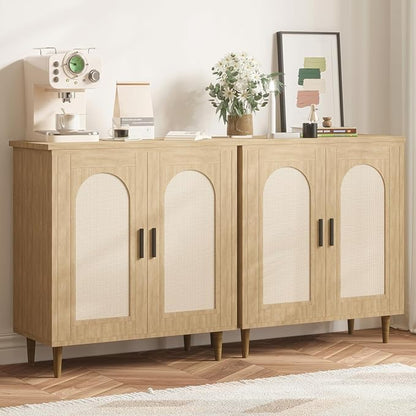 GarveeHome Sideboard Buffet Kitchen Storage Cabinet with Rattan, Solid Wood Feet for Living Room, Hallway, Entryway, Cabinet with Ample Storage Space (Natural, 2 pcs)