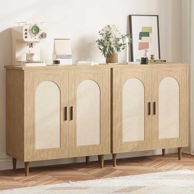GarveeHome Sideboard Buffet Kitchen Storage Cabinet with Rattan, Solid Wood Feet for Living Room, Hallway, Entryway, Cabinet with Ample Storage Space(1PCS)
