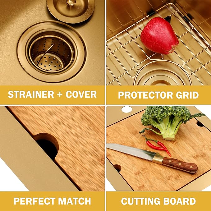 15 Inch Gold Sink Undermount, 16 Gauge 304 Stainless Steel Workstaion Kitchen Sinks with Ledge & Accessories, 15" x 17" x10" Deep Bowl For Outdoor, RV,Prep Sink, and Wet Bar