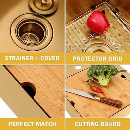 15 Inch Gold Sink Undermount, 16 Gauge 304 Stainless Steel Workstaion Kitchen Sinks with Ledge & Accessories, 15" x 17" x10" Deep Bowl For Outdoor, RV,Prep Sink, and Wet Bar