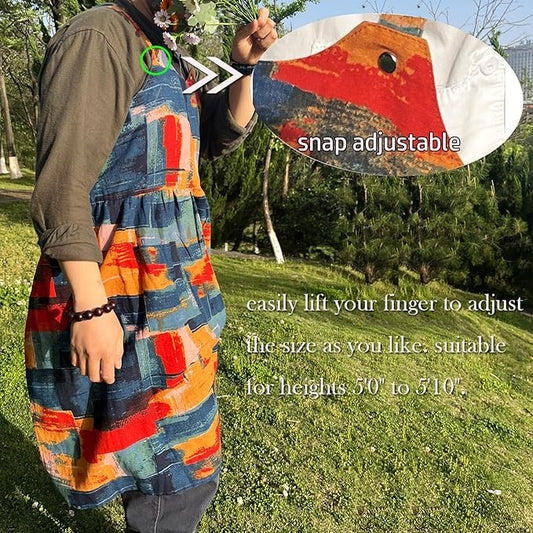 Cityelf Vintage Pinafore Apron Dress Snap Adjust Linen Cotton with Pockets Floral Aprons for Cooking Gardening