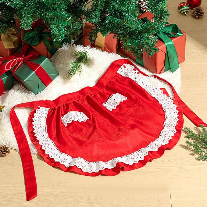 Geyoga Valentine Red Waist Aprons for Women with Pockets Kitchen Waitress Maid Apron Vintage Skirt Cute Ruffle Dress Costume