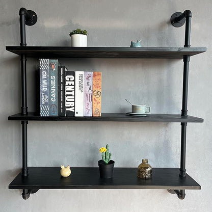 HDDFER Industrial Pipe Shelf Shelving Bookcase, Wall Mounted Rustic Bookshelf, Floating Bookshelves for Wall,Retro Wood Metal Pipe Industrial Shelves for Living Room