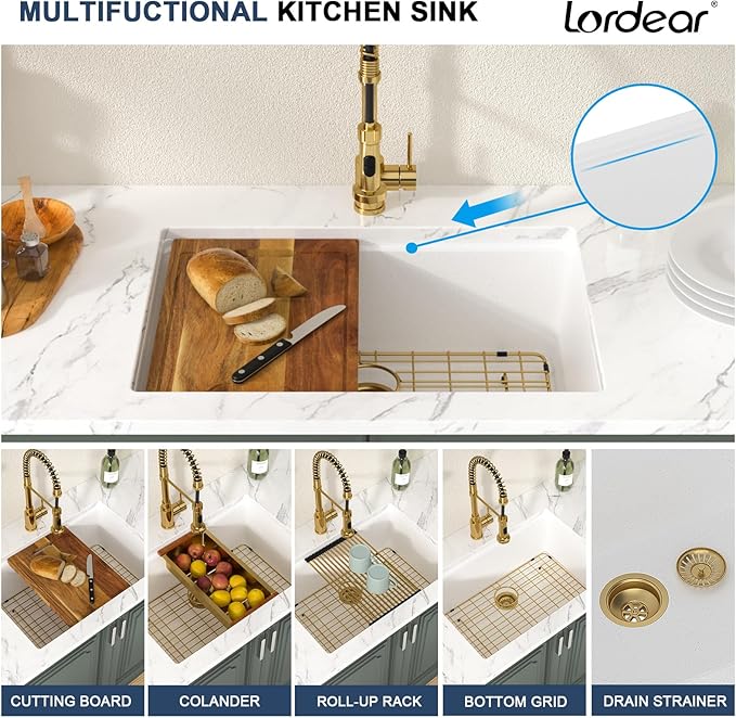 Lordear 28 Inch White Granite Composite Kitchen Sink Workstation 28x19 White Undermount Quartz Sinks Under Counter Single Bowl Sink with Classic Gold Accessories