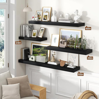 Heimlove 36 Inch Floating Shelves for Wall,Thicker and Deeper Wall Shelves Mounted Storage & Display Wood Shelf,Hanging Shelf for Bedroom Living Room Kitchen Office,Set of 2,Black