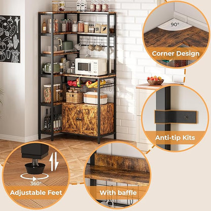 IRONCK Corner Bakers Rack with Power Outlet, Coffee Bar 6 Tier with Storage Cabinet, Vintage Industrial Microwave Stand with 6 Hooks, Kitchen Shelves with Wire Basket, Rustic Brown
