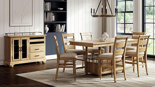 Caramel Finish Counter Table - Rustic Wooden Kitchen Island with Two Drawers and Towel Rack for Small Spaces and Entertaining