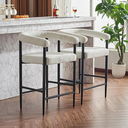 Modern Upholstered Bar Stools Set of 2, Boucle Fabric Counter Height Chairs with Metal e Armrests, Kitchen Island Bar Chairs for Home, Dining Room, Cafe,White
