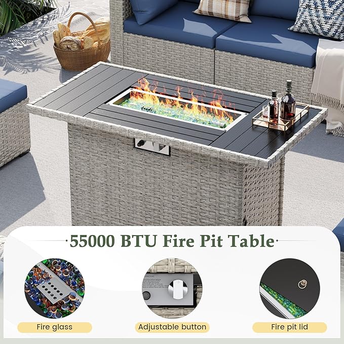 UDPATIO Patio Furniture Set with Fire Pit Table, 8 Pieces Outdoor Sectional Sofa, PE Wicker Patio Conversation Set for Garden, Backyard Blue