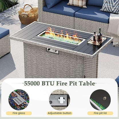 UDPATIO Patio Furniture Set with Fire Pit Table, 8 Pieces Outdoor Sectional Sofa, PE Wicker Patio Conversation Set for Garden, Backyard Blue