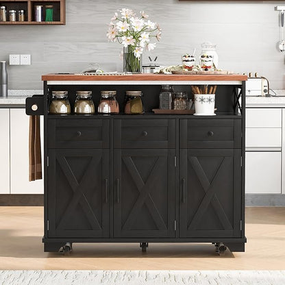 Ball & Cast 46.5" Kitchen Island with Drape of Beads&Power Outlet,Rolling Kitchen Cart on 5 Wheels W/ 3 Drawers,Kitchen Storage Cart W/Internal Iron Shelf&Towel Rack,for Kitchen,Dining Room,Black