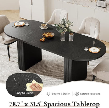 Zevemomo 62.99"-78.74" Oval Expandable Dining Table, Extendable Dining Room Table for 4-8 People with Wooden Strip Base, Modern Kitchen Table with Slide Metal Track, for Family Living Room-Black