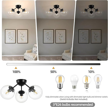 Bagood Mid-Century Modern Semi Flush Mount Ceiling Light 3 Lights Clear Glass Modern Globe Ceiling Light Matte Black Sputnik Chandeliers for Hallway Entryway Kitchen Bedroom Laundry(Bulb Incl.)