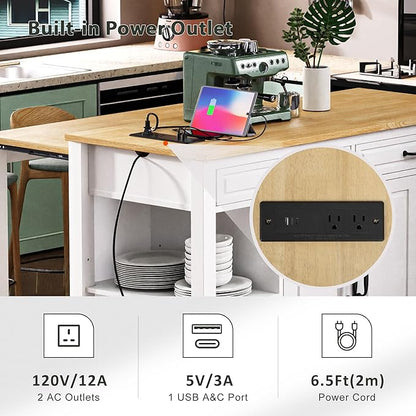 GOWE K&K 47 inch Kitchen Island with Extendable Dining Table, Rubber Wood Veneer Kitchen Table with Internal Storage Rack, Power Outlet, Kitchen Island with Storage 2 Drawers 2 Cabinet,White