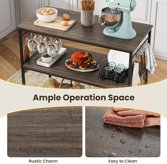 Giantex Kitchen Island with 3 Tier Storage Shelves, 48 Inch Baker Rack with Spacious Worktop, Industrial Kitchen Shelf, Sturdy Metal Frame, Easy Assembly (Gray & Black)