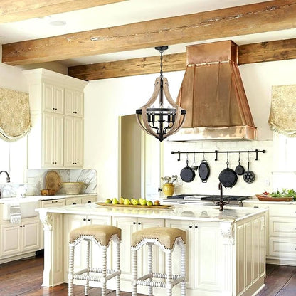 5-Light Farmhouse Wood Chandeliers for Dining Room, Adjustable Height Hanging Rustic Geometric Light Fixture for Kitchen Island Foyer Entryway Living Room