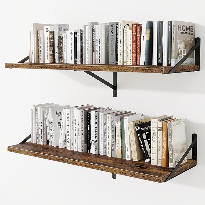Deep Wall Shelves 40"W x 12"D Engineered Wood Floating Shelves for Wall, Sturdy Metal Bracket Bookshelves Home Decor Storage for Living Room Bedroom Bathroom Kitchen, Set of 2, Rustic Brown Finish
