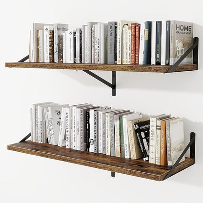 Deep Wall Shelves 40"W x 12"D Engineered Wood Floating Shelves for Wall, Sturdy Metal Bracket Bookshelves Home Decor Storage for Living Room Bedroom Bathroom Kitchen, Set of 2, Rustic Brown Finish