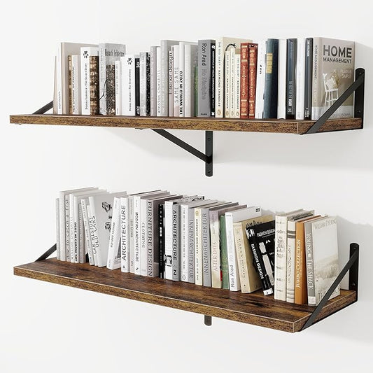 Deep Wall Shelves 40"W x 12"D Engineered Wood Floating Shelves for Wall, Sturdy Metal Bracket Bookshelves Home Decor Storage for Living Room Bedroom Bathroom Kitchen, Set of 2, Rustic Brown Finish