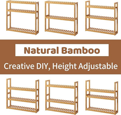 FILWH Bamboo Organizer Rack - Adjustable 3-Tier Storage Shelf, Wall Mounted or Over The Toilet, Living Room, Kitchen (Natural)