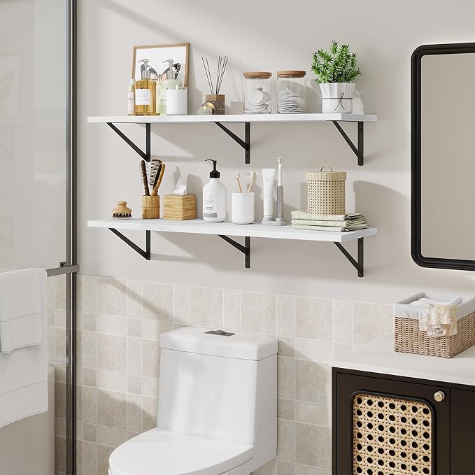 Acovy Floating Shelves for Wall,40" Wall Mounted Shelves Set of 2,Long Wood Floating Shelves,Hanging Wide Display & Storage Shelf with Metal Brackets for Bathroom,Bedroom,Kitchen,Living Room,White