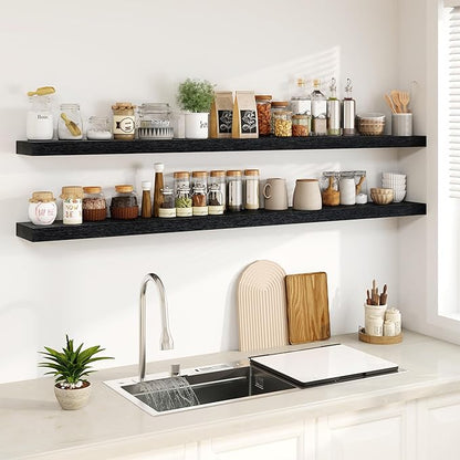 Fun Memories 72Inch Floating Shelves,Wall Mounted Rustic Wood Floating Shelf with Invisible Brackets for Storage & Decor,2 Pack Shelves for Bathroom,Bedroom and Kitchen,Black