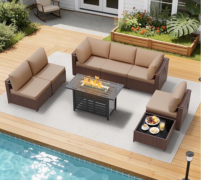 LOUVIXA 8 Piece Outdoor Patio Furniture Set, Outdoor Sectional Sofa with Firepit Table, Wicker Rattan Patio Furniture, Patio Conversation Set with Coffee Table & Cushions